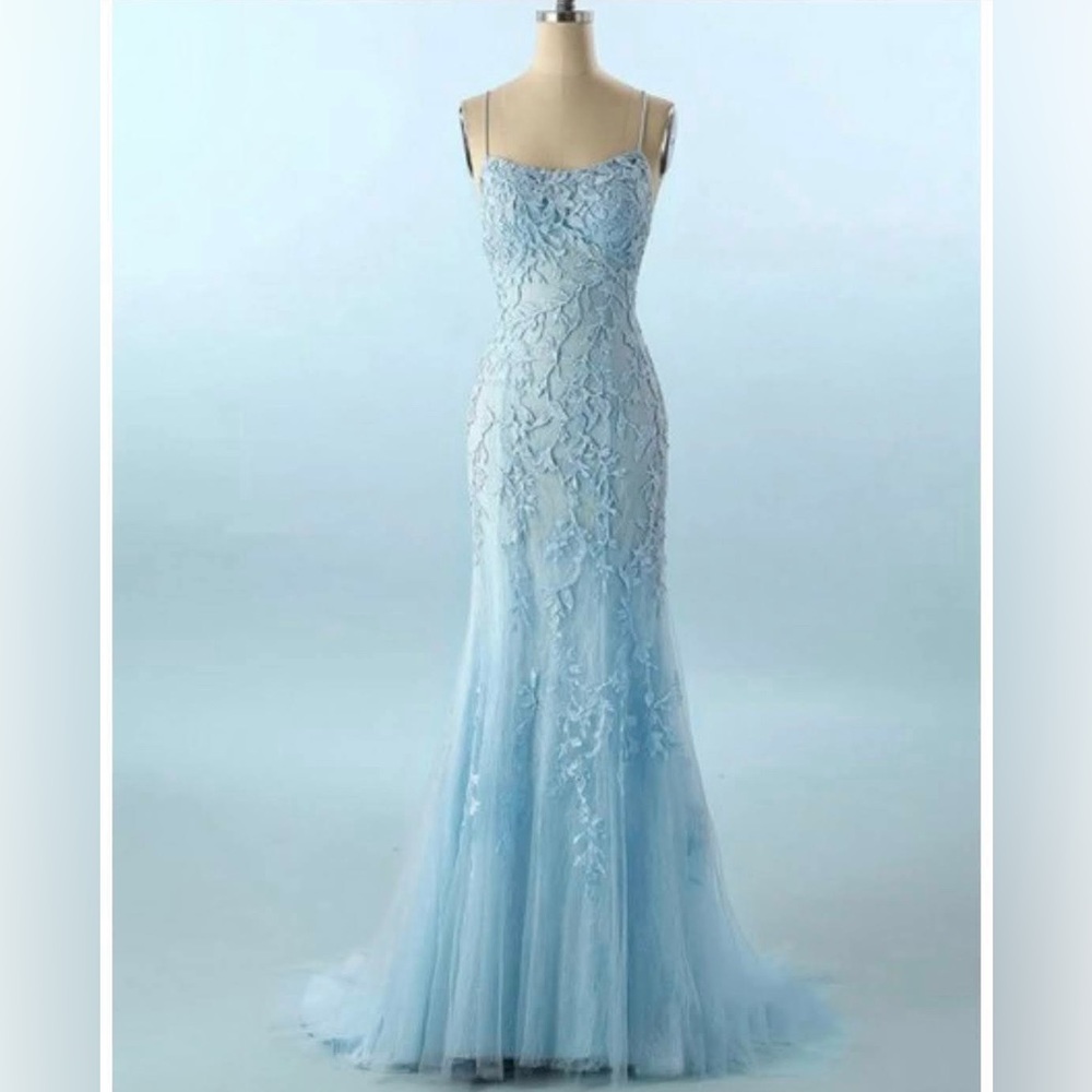 Light sky blue halter backless tulle long dress (prom, wedding, etc.)